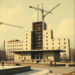  
	На изображении представлено здание в процессе строительства с возвышающимися кранами, создающее атмосферу урбанистического развития и технологического прогресса. 
 
	  
 
	Сцена построена вокруг массивного современного здания, явно находящегося в стадии строительства или реконструкции. Доминирующим элементом являются два строительных крана, возвышающиеся над верхней частью здания, формируя визуальный центр композиции. Здание само по себе имеет строгую прямоугольную форму с множеством окон, что подчеркивает его функциональность. Перед зданием расположена площадь или площадка, где видны люди, гуляющие или стоящие группами, добавляя масштаба и указывая на присутствие людей в городской среде. Композиция сбалансирована, но создает динамичное впечатление благодаря диагональным линиям кранов и элементам перспективы. 
 
	  
 
	Основными «субъектами» являются само здание и строительные краны. Здание выполнено в минималистичном стиле, с четкими линиями и простыми геометрическими формами. Внутри него видны строительные леса, указывающие на процесс возведения. Строительные краны, с их металлическими конструкциями и сложной структурой, являются символами строительной индустрии и современных технологий. Внизу видны люди, одетые в повседневную одежду, которые дают представление о масштабе здания и демонстрируют оживленность городской жизни. 
 
	  
 
	Изображение может быть фотографией или визуализацией, выполненной с использованием цифровых технологий. Стиль характеризуется четкими линиями, вниманием к деталям и нейтральной цветовой палитрой, что характерно для архитектурной фотографии или визуализации. Акцент сделан на функциональности и форме, передавая атмосферу современного города. Техническое исполнение выглядит профессионально, с хорошим использованием перспективы и освещения для создания глубины и реализма. 
 
	  
 
	Действие разворачивается, вероятно, в городском окружении, о чем свидетельствует архитектура, люди и инфраструктура. Освещение, по-видимому, естественное, с мягкими тенями, подразумевающими ясный или слегка облачный день. Преобладают нейтральные цвета, что усиливает ощущение спокойствия и сдержанности. Окружающая среда включает в себя дорожки, площади и, вероятно, деревья, указывающие на наличие элементов городской зелени. Общая атмосфера передает атмосферу современного города, сосредоточенного на строительстве, прогрессе и повседневной жизни. 
