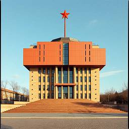 
	На фотографии изображено величественное здание в стиле советского модернизма, увенчанное красной звездой, с четкими линиями и геометрическими формами. 
 
	  
 
	Композиция изображения симметрична, с зданием, расположенным по центру, что подчеркивает его монументальность и величие. Здание стоит на возвышении, к которому ведут широкие лестницы, подчеркивая его значимость. Фасад здания оформлен в сочетании бежевого и оранжевого цветов, с высокими окнами и колоннами. Яркая красная звезда на вершине здания является доминирующим элементом, привлекающим внимание зрителя. Время съемки, вероятно, солнечный день, так как хорошо видны тени и четкие границы объектов. 
 
	  
 
	Главным объектом является здание, построенное в стиле советской архитектуры. Здание имеет прямоугольную форму с выступающими верхними этажами, отделанными оранжевыми панелями. Основание здания отделано бежевым камнем, с большими окнами, расположенными в несколько рядов. Центральный вход выделен большими стеклянными дверями и колоннами. На крыше здания установлена большая красная звезда, символизирующая советскую идеологию. Вдоль боковых сторон здания посажены деревья. 
 
	  
 
	Изображение выполнено в стиле реалистичной фотографии с акцентом на архитектурные детали. Четкие линии, геометрические формы и контраст цветов создают ощущение порядка и монументальности. Фотография передает атмосферу строгости и величия. Цветовая палитра состоит из теплых оттенков бежевого, оранжевого и красного, которые контрастируют с голубым небом, подчеркивая акценты и создавая гармоничное визуальное восприятие. 
 
	  
 
	Сцена разворачивается на фоне ясного голубого неба, что создает ощущение простора и свободы. Окружающая среда включает в себя мощеный тротуар перед зданием, а также деревья, расположенные по бокам. Солнечный свет подчеркивает текстуру фасада здания и создает длинные тени, добавляя глубину и объемность. Общая атмосфера передает ощущение торжественности и значимости. 
