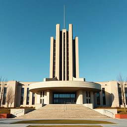  
	На фотографии изображено величественное здание в неоклассическом стиле с высокой башней, лестницами и ясным голубым небом, создающее впечатление монументальности и величия. 
 
	  
 
	Композиция строится вокруг центрального элемента - высокой башни, которая доминирует над остальной частью здания. Перед башней расположена широкая лестница, ведущая к круглому входу. Здание симметрично, с крыльями по обеим сторонам от центральной части. Съемка ведется с низкого угла, подчеркивая монументальность архитектуры. Пустое небо создает простор и акцентирует внимание на структуре здания. На переднем плане есть небольшие деревья и ухоженный газон, что добавляет контраст и глубину. 
 
	  
 
	Основным субъектом является само здание. Башня имеет вертикальную структуру с узкими окнами, обрамленную вертикальными колоннами, которые создают ощущение высоты. Основание здания выполнено из светлого материала, вероятно, камня или бетона, что создает контраст с темными окнами и чистым голубым небом. Вход в здание окружен широким полукруглым элементом, а над ним возвышается колоннада. 
 
	  
 
	Фотография выполнена в реалистичном стиле. Четкие линии и формы, использование естественного освещения подчеркивают детали архитектуры. Отсутствие людей и ярких цветов создает спокойную и торжественную атмосферу. Техническое исполнение отличается высоким качеством и вниманием к деталям. 
 
	  
 
	Обстановка характеризуется ясным солнечным днем. Голубое небо без облаков создает яркий фон для здания. Естественное освещение подчеркивает формы и текстуры здания, создавая контраст теней и света. Зеленый газон и редкие деревья вносят небольшие штрихи в композицию, подчеркивая архитектурную красоту здания. Общая атмосфера передает ощущение мощи, величия и спокойствия. 
