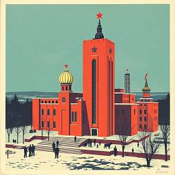  
	На иллюстрации в стиле ретро изображено величественное здание в красных тонах с советской символикой на фоне зимнего пейзажа. 
 
	  
 
	Композиция сцены построена симметрично, с основным зданием, расположенным в центре, что создает ощущение монументальности и величия. На переднем плане изображена заснеженная площадь, на которой стоят несколько фигур людей, создающих масштаб и оживляющих сцену. Здание состоит из нескольких башен и куполов, украшенных красными звездами. В верхней части композиции расположено бирюзовое небо, которое контрастирует с красным цветом здания, а внизу виднеются силуэты деревьев и холмов, дополняющие зимний пейзаж. 
 
	  
 
	Главный объект - это высокое, красное здание с несколькими башнями и куполами. На его вершинах и куполах красуются красные звезды, которые являются символом советской эпохи. Башни имеют прямоугольную форму с вертикальными окнами, а купола украшены золотистыми верхушками. Люди, изображенные на переднем плане, одеты в темные пальто, предполагая холодную погоду. Они находятся в разных позах, некоторые стоят группами, другие – поодиночке, вероятно, наблюдая за видом или занимаясь своими делами. 
 
	  
 
	Изображение выполнено в стиле, напоминающем ретро-графику, с использованием простых геометрических форм и ограниченной цветовой палитры. Преобладают красный и бирюзовый цвета, которые создают яркий контраст. Художник использует прямые линии и четкие контуры, что придает изображению стилизованный вид. Текстуры минимальны, что подчеркивает плоскую природу рисунка. 
 
	  
 
	Место действия - заснеженная площадь перед зданием в зимнее время года. Небо бирюзовое, что создает ощущение холодного, но ясного дня. Освещение, вероятно, рассеянное, так как тени мягкие и нечеткие. Деревья на заднем плане добавляют ощущение глубины и реалистичности, а снег покрывает землю, создавая зимнюю атмосферу. Общая атмосфера передает ощущение монументальности и ностальгии по советской эпохе. 
