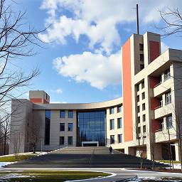  
	На фотографии изображено современное здание с архитектурой в стиле минимализма, окруженное деревьями с голыми ветвями, под живописным небом с облаками. 
 
	  
 
	Композиция фотографии выстроена симметрично, с основным акцентом на здании, расположенном в центре кадра. Здание имеет изогнутую форму, с высокими башнями по бокам и большим стеклянным фасадом в центральной части. Перед зданием расположены широкие лестницы, ведущие к главному входу. Небо занимает значительную часть кадра, добавляя глубину и просторность. Стволы деревьев с голыми ветвями обрамляют здание по бокам, создавая естественную рамку. Один человек стоит на лестнице, добавляя масштаб в композицию. 
 
	  
 
	Главным объектом является современное здание, выполненное из светлого камня с элементами оранжевого цвета. Здание демонстрирует чистые линии и геометрические формы. Небо, заполненное белыми облаками, создает контраст с архитектурой. Человек, стоящий на лестнице, одет в темную одежду, его фигура едва различима, но помогает оценить масштаб сооружения. 
 
	  
 
	Фотография выполнена в реалистичном стиле, с акцентом на архитектуру и естественное освещение. Техническое исполнение характеризуется четкими линиями, вниманием к деталям и правильностью перспективы. Цветовая палитра сдержанная, с преобладанием нейтральных тонов, подчеркивающих современный дизайн. 
 
	  
 
	Съемка, вероятно, проходила в ясный день, о чем свидетельствует яркое освещение и четкие тени. Солнечный свет мягко освещает здание, подчеркивая его структуру. Окружающая среда включает деревья с голыми ветвями и газон с остатками снега, намекая на раннюю весну или позднюю осень. Атмосфера спокойная и умиротворенная, подчеркнутая чистым небом и архитектурной гармонией. 
