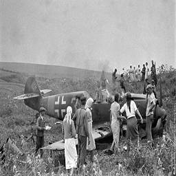 Колхозники рассматривают сбитый немецкий самолет, 1944 | Фото: Георгий Зельма